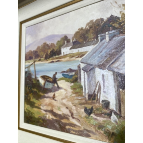 42 - D. McNaughton Harbour scene oil on board mounted in gilt frame {39cm  H  x 49cm W}.