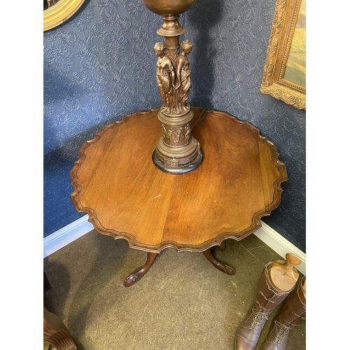 47 - 19th C. Irish mahogany pie crust centre table raised on turned column and three outswept feet {75cm ... 