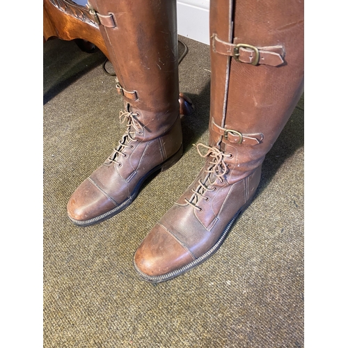 48 - Pair of early 20th C. leather riding boots with pine lasts {63cm  H  x 11cm W x 30cm D}.