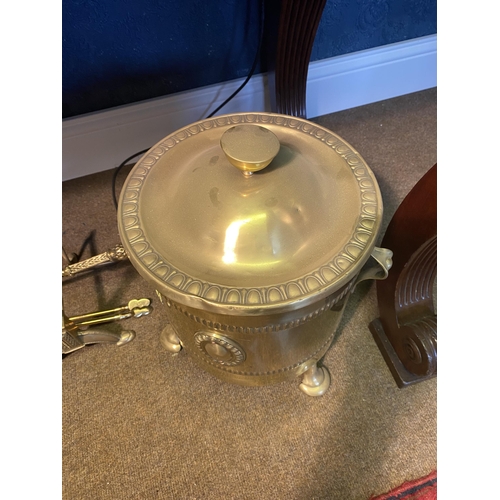 50 - Edwardian embossed lidded brass coal bucket {40cm  H  x 34cm Dia.}.