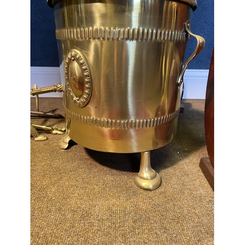 50 - Edwardian embossed lidded brass coal bucket {40cm  H  x 34cm Dia.}.