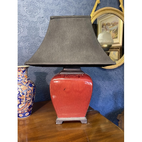 58 - Pair of Oriental ceramic table lamps with cloth shades {57cm  H  x 41cm W x 27cm D}.