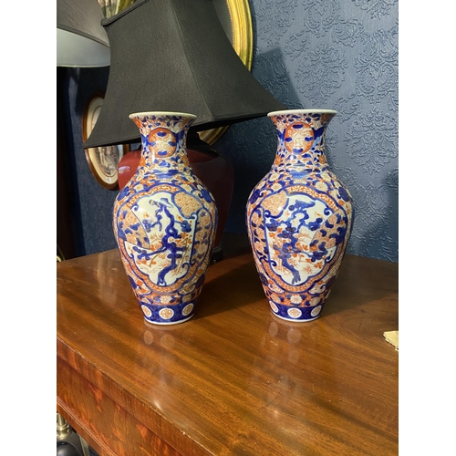 60 - Pair of 19th C. Oriental hand painted ceramic vases {31cm  H  x 15cm Dia.}.