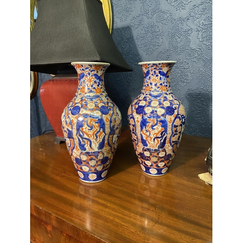 60 - Pair of 19th C. Oriental hand painted ceramic vases {31cm  H  x 15cm Dia.}.