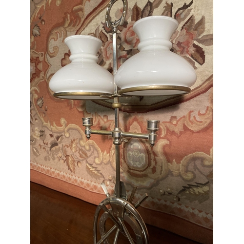 616A - Unusual 1920s silver plate candle holder with two opaline glass shades {66cm  H  x 35cm W x 28cm D}.