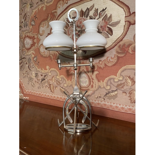 616A - Unusual 1920s silver plate candle holder with two opaline glass shades {66cm  H  x 35cm W x 28cm D}.