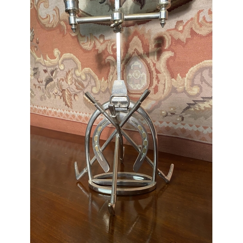 616A - Unusual 1920s silver plate candle holder with two opaline glass shades {66cm  H  x 35cm W x 28cm D}.