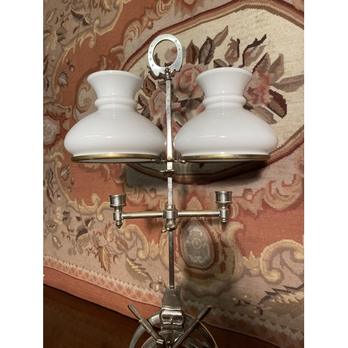 616A - Unusual 1920s silver plate candle holder with two opaline glass shades {66cm  H  x 35cm W x 28cm D}.