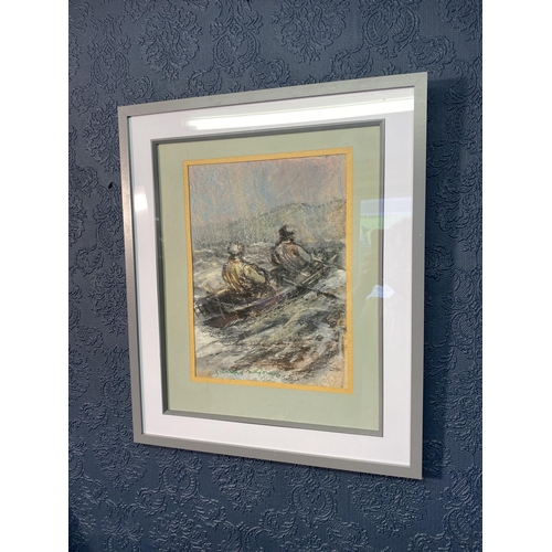 62 - Kiernan McGoran Fisherman scene pastel drawing mounted in painted pine frame {38cm  H  x 28cm W}.