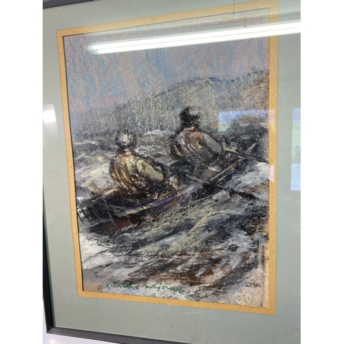 62 - Kiernan McGoran Fisherman scene pastel drawing mounted in painted pine frame {38cm  H  x 28cm W}.