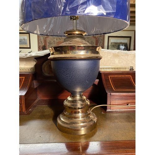 624 - Vintage brass and painted metal table lamp with cloth shade {62cm  H  x 37cm Dia.}.