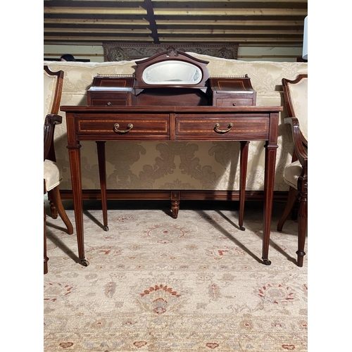 626 - Edwardian mahogany and satinwood inlaid ladies desk with inset leather top and two drawers in the fr... 