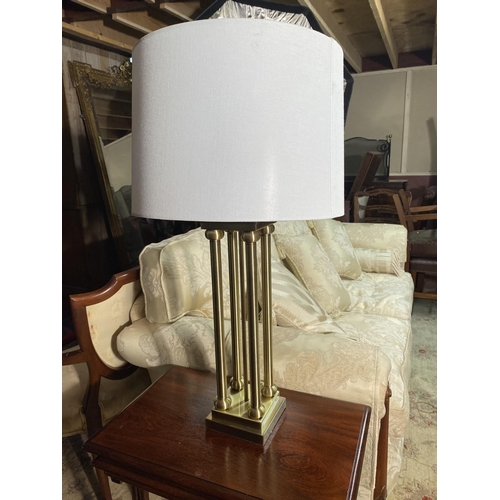 627A - Good quality brushed brass columned table lamp with cloth shade {80cm  H  x 37cm Dia.}.