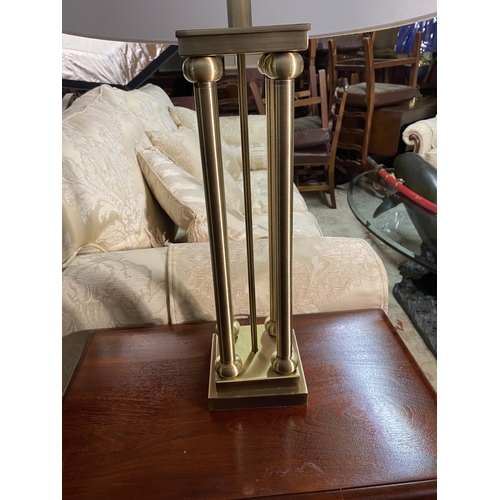 627A - Good quality brushed brass columned table lamp with cloth shade {80cm  H  x 37cm Dia.}.