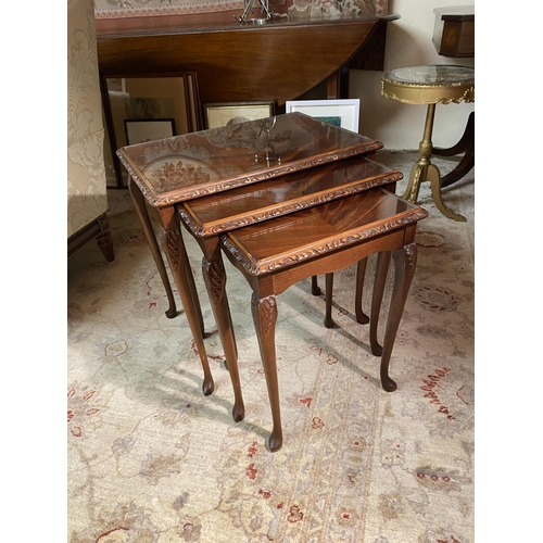 629 - Edwardian style mahogany nest of three tables with inset glass tops raised on cabriole legs {55cm  H... 