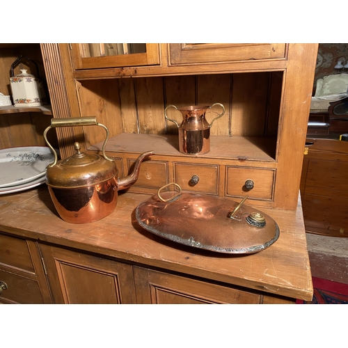 634 - 19th C. copper and brass kettle, bed warmer and milk jug {Kettle 32 cm H x 36 cm W x 23 cm D}.