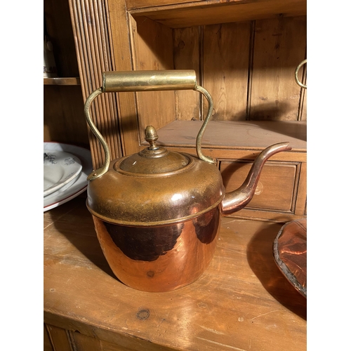 634 - 19th C. copper and brass kettle, bed warmer and milk jug {Kettle 32 cm H x 36 cm W x 23 cm D}.