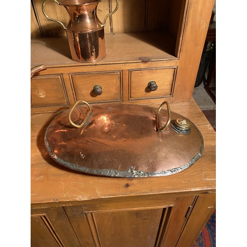 634 - 19th C. copper and brass kettle, bed warmer and milk jug {Kettle 32 cm H x 36 cm W x 23 cm D}.