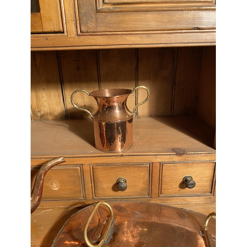 634 - 19th C. copper and brass kettle, bed warmer and milk jug {Kettle 32 cm H x 36 cm W x 23 cm D}.