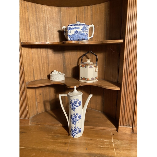 638 - Large ceramic coffee pot, blue & white willow pattern teapot and biscuit barrel {Largest 32 cm H x 2... 