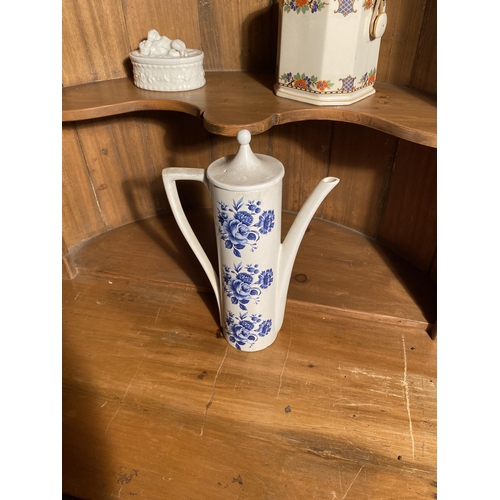 638 - Large ceramic coffee pot, blue & white willow pattern teapot and biscuit barrel {Largest 32 cm H x 2... 