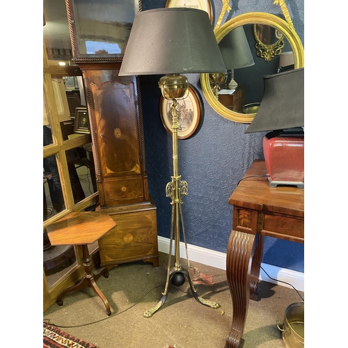 64 - Good quality 19th C. brass and wrought iron telescopic standard lamp with cloth shade {176cm  H  x 5... 