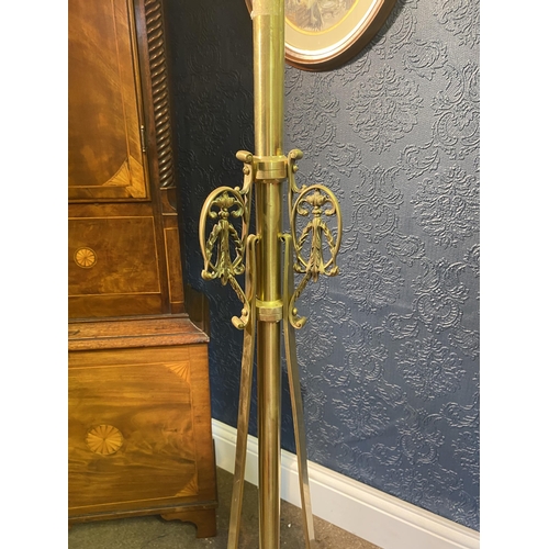 64 - Good quality 19th C. brass and wrought iron telescopic standard lamp with cloth shade {176cm  H  x 5... 