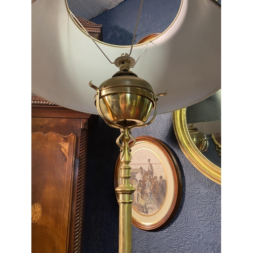 64 - Good quality 19th C. brass and wrought iron telescopic standard lamp with cloth shade {176cm  H  x 5... 