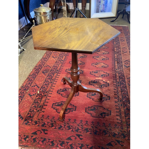 68 - Edwardian mahogany wine table raised on turned column and three outwept feet {60cm  H  x 39cm W x 39... 