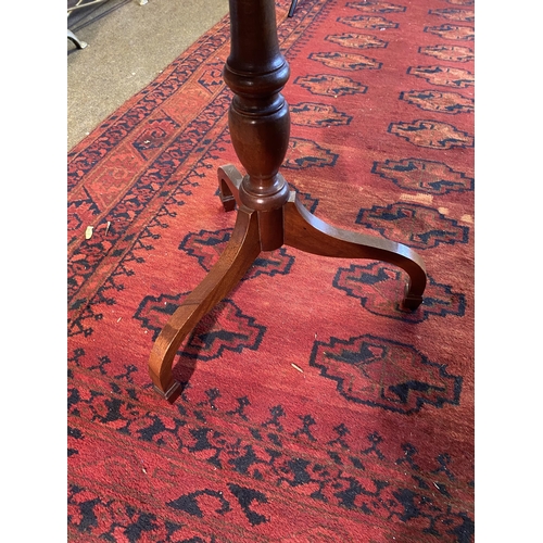 68 - Edwardian mahogany wine table raised on turned column and three outwept feet {60cm  H  x 39cm W x 39... 