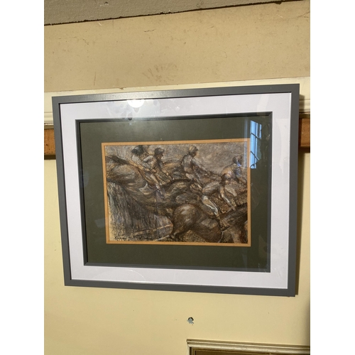 69 - Kieran McGoran Horse Racing scene pastel drawing mounted in painted pine frame {26cm  H  x 37cm W}.