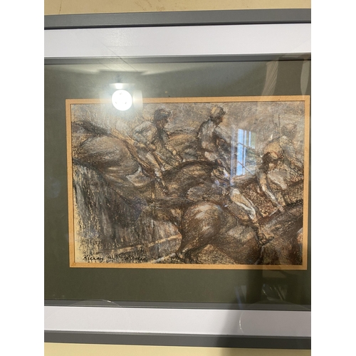 69 - Kieran McGoran Horse Racing scene pastel drawing mounted in painted pine frame {26cm  H  x 37cm W}.