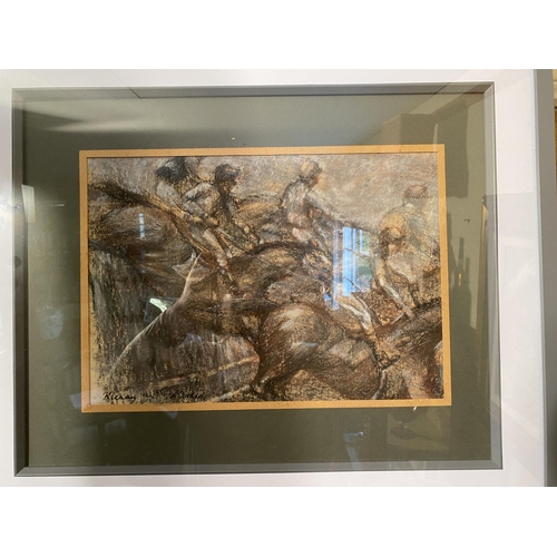 69 - Kieran McGoran Horse Racing scene pastel drawing mounted in painted pine frame {26cm  H  x 37cm W}.