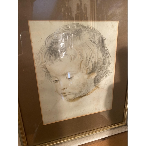 71 - Early 20th C. pencil drawing Portrait of a Girl mounted in painted pine and gilded frame {24cm  H  x... 