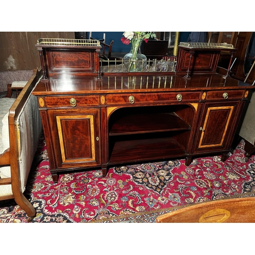 76 - Good quality 19th C. mahogany and satinwood inlaid side board with brass gallery back, three doors i... 