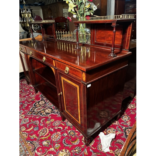 76 - Good quality 19th C. mahogany and satinwood inlaid side board with brass gallery back, three doors i... 