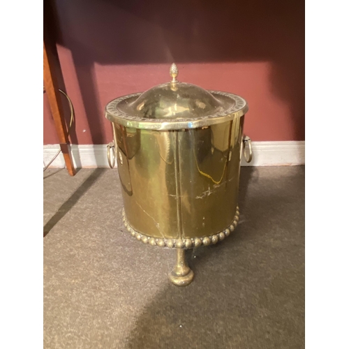 79 - 20th C. embossed lidded brass coal bucket {40cm  H  x 31cm Dia.}.