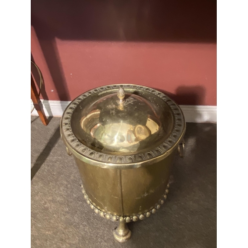 79 - 20th C. embossed lidded brass coal bucket {40cm  H  x 31cm Dia.}.