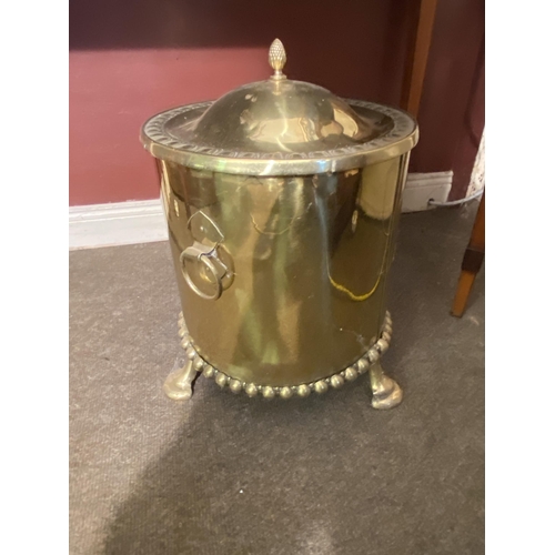 79 - 20th C. embossed lidded brass coal bucket {40cm  H  x 31cm Dia.}.