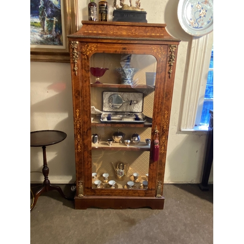 84 - Pair of good quality French burr walnut and satinwood inlaid pier cabinets with single glazed door {... 