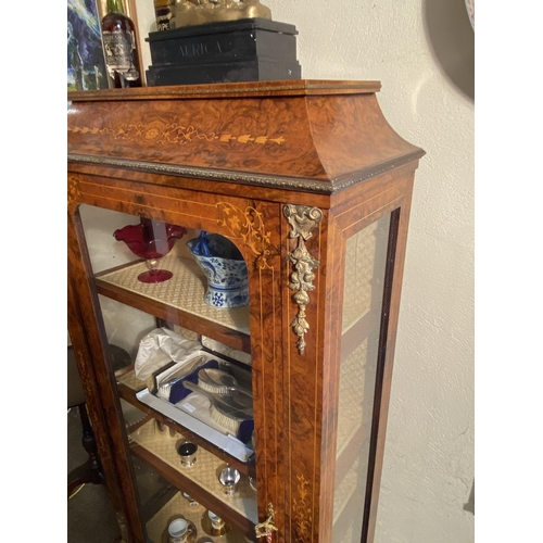 84 - Pair of good quality French burr walnut and satinwood inlaid pier cabinets with single glazed door {... 