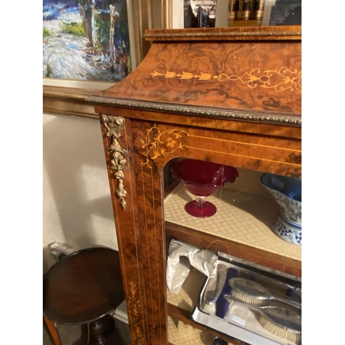 84 - Pair of good quality French burr walnut and satinwood inlaid pier cabinets with single glazed door {... 