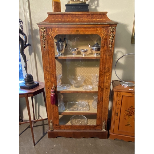 84 - Pair of good quality French burr walnut and satinwood inlaid pier cabinets with single glazed door {... 