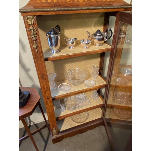 84 - Pair of good quality French burr walnut and satinwood inlaid pier cabinets with single glazed door {... 