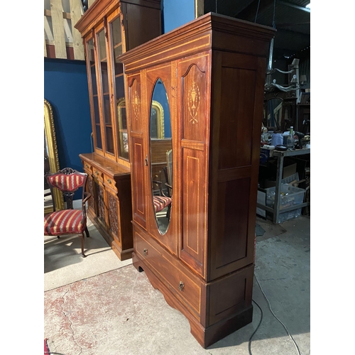 858 - Edwardian mahogany and satinwood inlaid wardrobe with mirrored door {202cm  H  x 127cm W x 51cm D}.