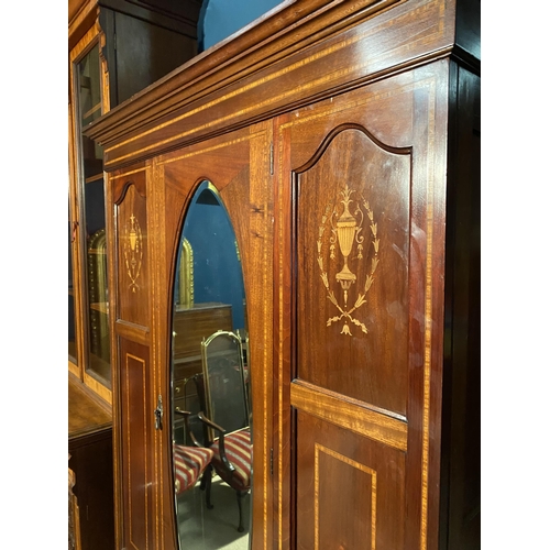 858 - Edwardian mahogany and satinwood inlaid wardrobe with mirrored door {202cm  H  x 127cm W x 51cm D}.