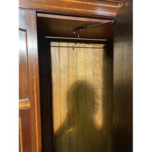 858 - Edwardian mahogany and satinwood inlaid wardrobe with mirrored door {202cm  H  x 127cm W x 51cm D}.