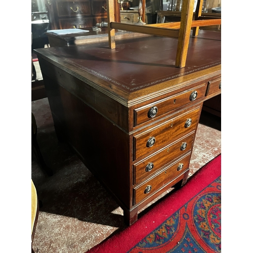 874 - Edwardian mahogany pedestal desk with inset leather top {77cm  H  x 181cm W x 106cm D}.