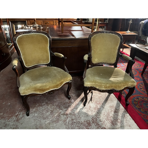 876 - Pair of 19th C. French rosewood and upholstered armchairs raised on cabriole legs {90cm  H  x 65cm W... 