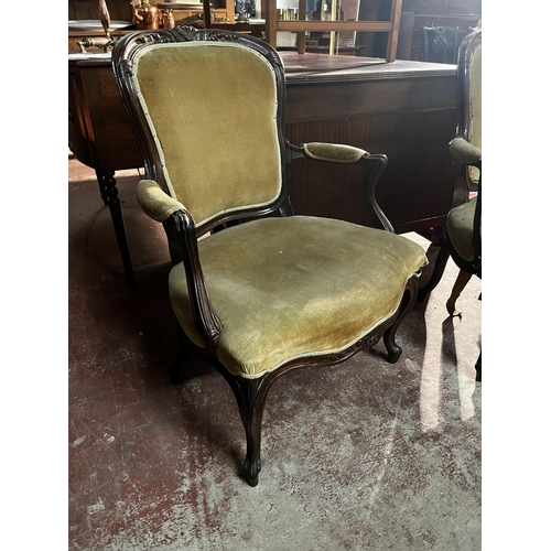 876 - Pair of 19th C. French rosewood and upholstered armchairs raised on cabriole legs {90cm  H  x 65cm W... 